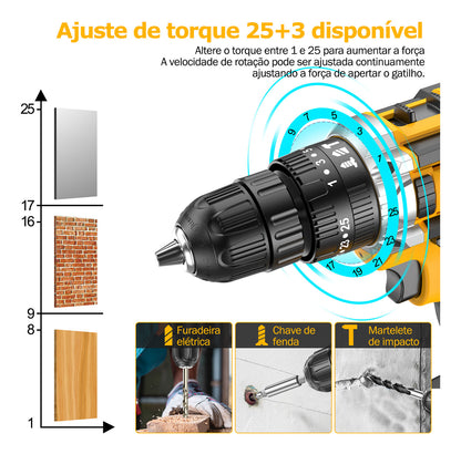 Furadeira Parafusadeira Sem Fio De 2 Bateria 21v 10mm