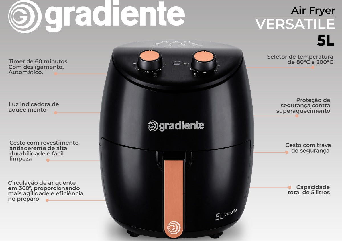 Fritadeira elétrica airfryer sem óleo Gradiente 5,0L cesto removível 1500W PGAF500 Versatile Com Timer 110v