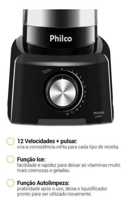 Liquidificador PH900 Com 12 Velocidades e Pulsar Potência de 1200W Cor Preto Philco 127V