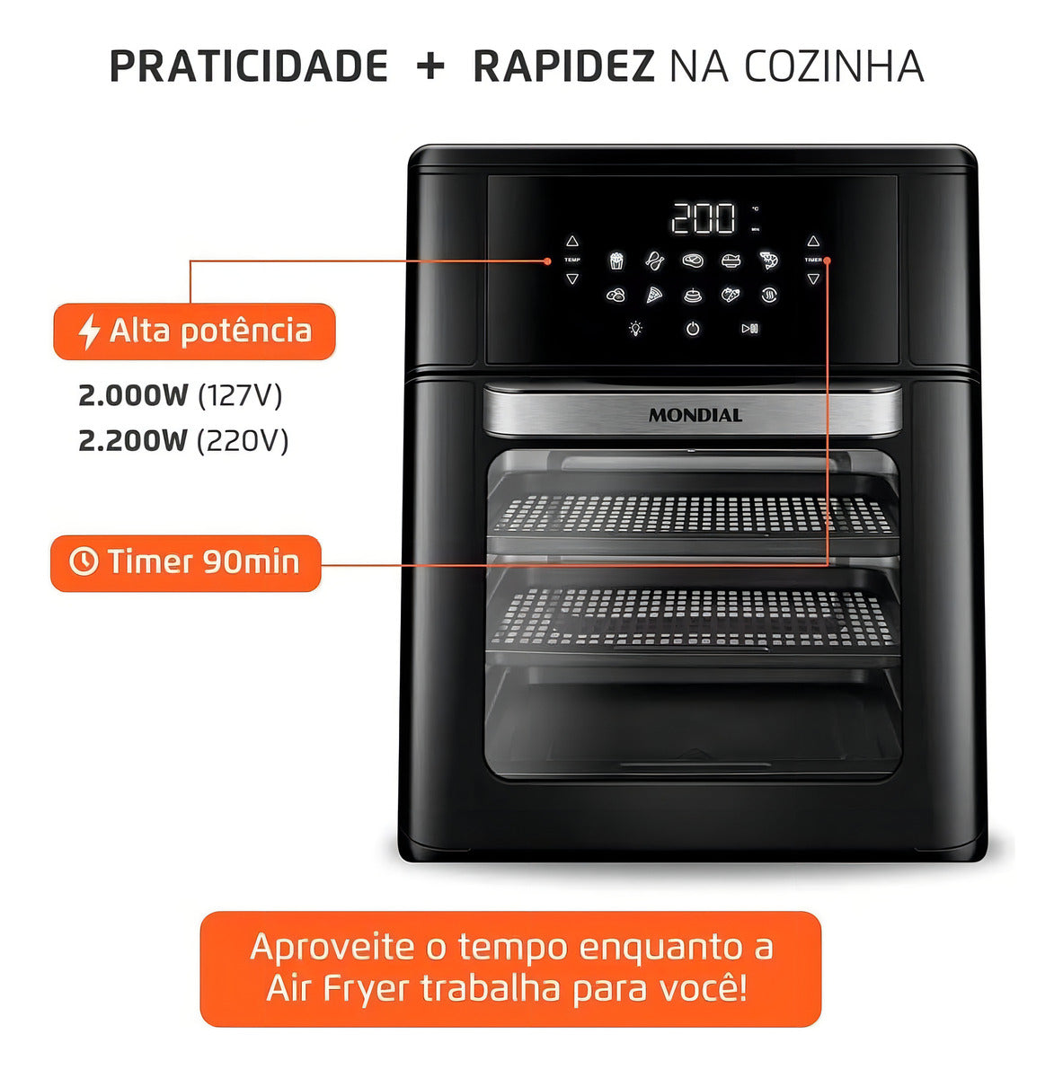 Fritadeira air fryer Oven Mondial AFON-12L-FB 2 em 1 12l 2000w cor preta 127V