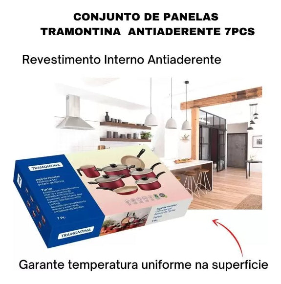 Jogo de Panelas Tramontina Turim 7 Peças em Alumínio com Revestimento Antiaderente Vermelho